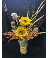 Sunny Side Up Silk Arrangement Silk Flowers Sunflowers Tin Planter Fall