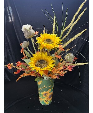 Sunny Side Up Silk Arrangement Silk Flowers Sunflowers Tin Planter Fall