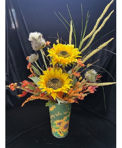 Sunny Side Up Silk Arrangement Silk Flowers Sunflowers Tin Planter Fall