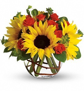 Sunny Sunflowers Bubble Bowl Spray roses in arrangement will vary in colors for holiday