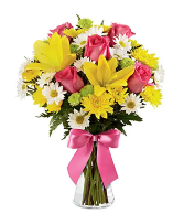 Sunny Yellow Lillies and Roses Vase Arrangement