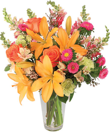 Sunset Lilies & Roses Flower Arrangement in Little Falls, NY | Designs By Shelly