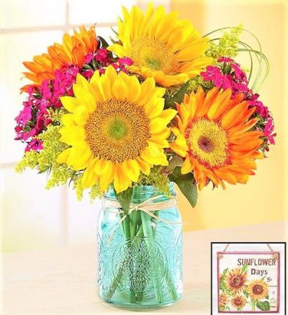 Sunset on the Veranda Sunflowers and more in Cool Blue Jar