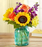 Sunshine on the Veranda Sunflowers, and More in Keepsake Blue Jar