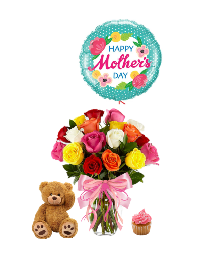 Super MAMA 18 ROSES PLUSH. CUPCAKE AND BALLOON