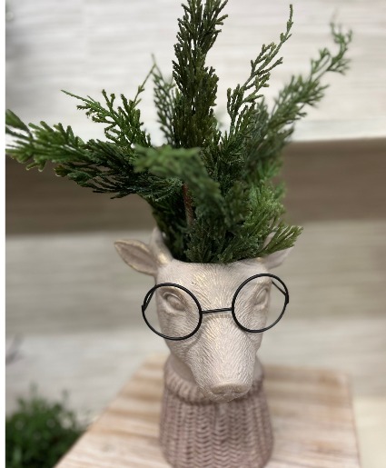 Sweater Weather Reindeer w/ silk Greens  Silk Arrangement 