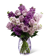 Sweet Devotion Premium Lavender roses, purple and lavender stock, purple etched vase