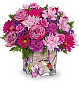 Sweet Hummingbird Bouquet by Teleflora Glass cube with decal wrap