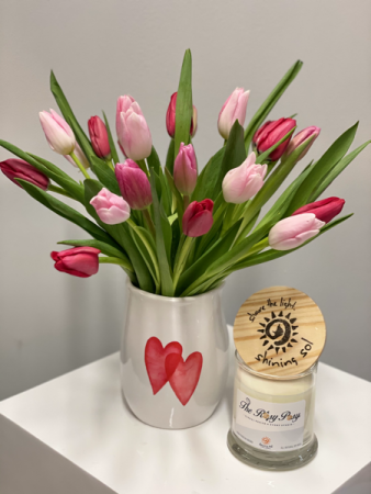 Sweet Love Ceramic Love Heart Vase with mixed Valentines Day Tulips.