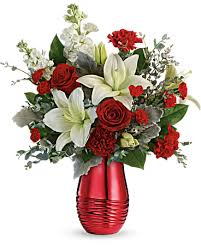 Radiantly Rouge Specialty vase with assorted flowers