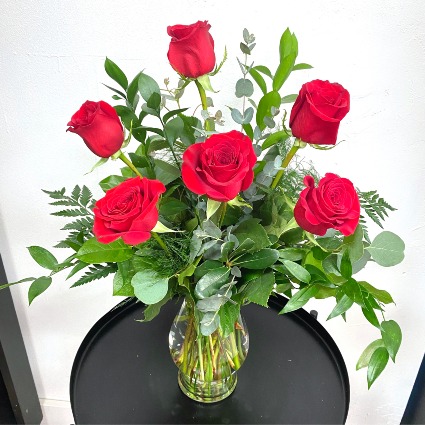 Sweet Six Roses with Lush Greenery 