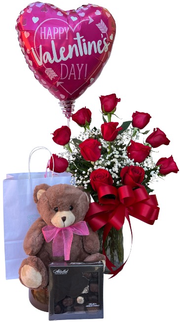 Sweet Spectacular Valentine Bundle Dozen Rose Vase in Seguin, TX | DIETZ FLOWER SHOP & TUXEDO RENTAL