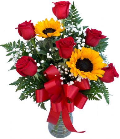 Sweet Suitor Half Dozen Roses with Sunflowers Rose Arrangement