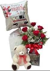 Love Delivered Valentine Bundle Half Dozen Rose Arrangement