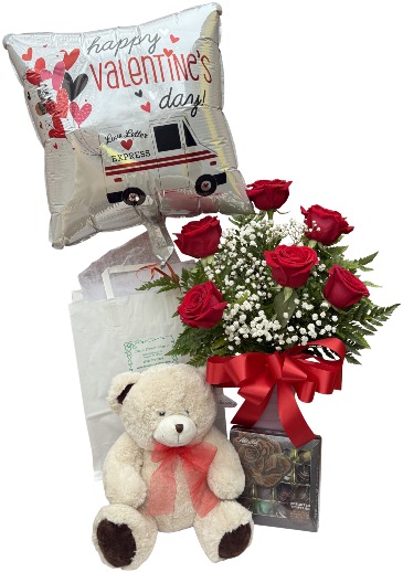Sweet Suitor Valentine Bundle Half Dozen Rose Arrangement in Seguin, TX | DIETZ FLOWER SHOP & TUXEDO RENTAL