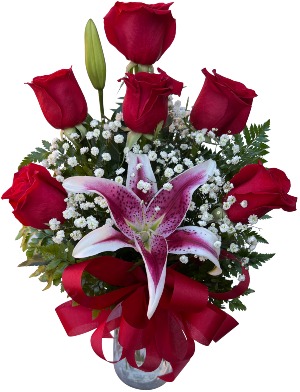Sweet Suitor Half Dozen Roses with Stargazer Lily Vase Arrnagement