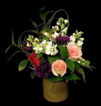 Sweet Unique Mixed Roses with Pottery Vase