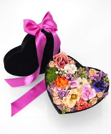 Sweetheart Box Heart box paved with fresh flowers in Dallas, TX | DeLuxe Corporate Flowers LLC