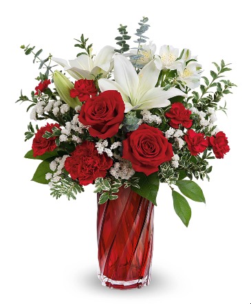  Swirling Love   T24V105 VASE SOLD OUT,  WILL SUB W/OTHER RED VASE in Fort Worth, TX | DAVIS FLORAL DESIGNS