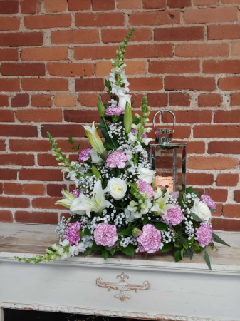 Sympathy table arrangement with keepsake lantern Fresh