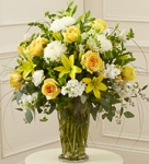 DEEPEST SYMPATHY vase arrangement in yellow and white