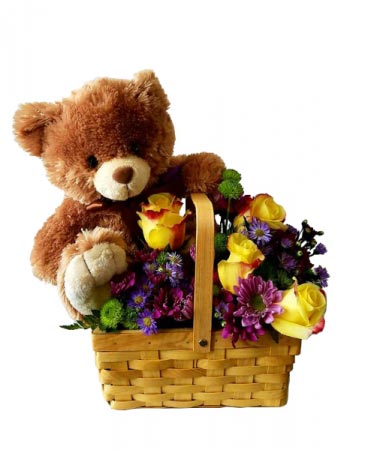 Take Me With You Flower Basket with Bear in Miami, FL | FLOWERTOPIA