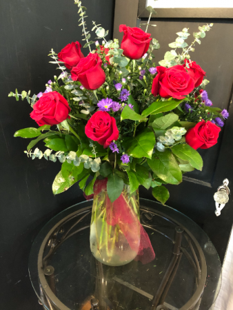 Tall dozen red roses