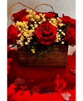 Tangled up in Red Wooden box with roses and filler