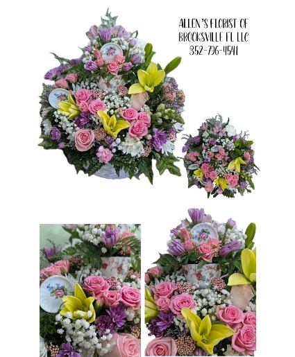 Tea Party Bliss Fresh cut flowers in lined basket 
