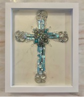 Teal Abalone shell Cross Shadow Box 