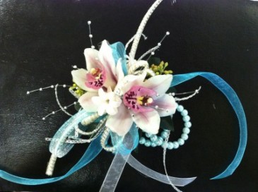 Teal fantasy wrist corsage