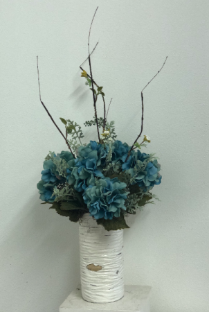 Teal hydrangea in birch container Silk Arrangement