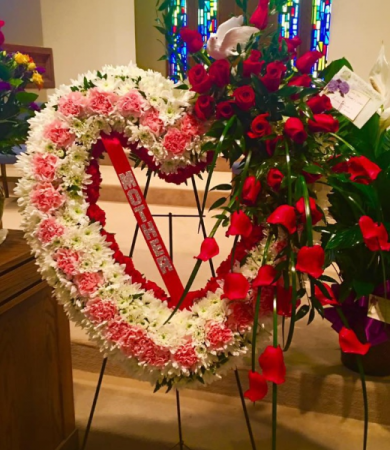 Tears From The Heart Heart with Red Roses, White Poms and Pink Carnations