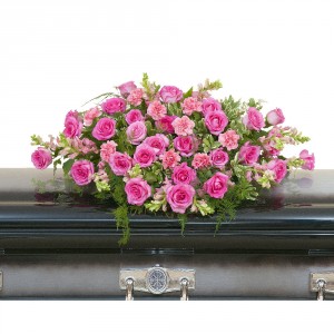TEARS OF SORROW Half Casket Spray of pink roses and carnations, pink snapdragons and more.