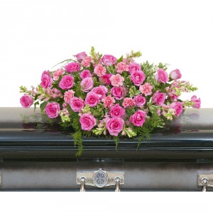 TEARS OF SORROW Half Casket Spray of pink roses and carnations, pink snapdragons and more. 