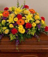 COLORFUL CONDOLENCES Half Casket Spray of  gerbera daisies, lillies, carnations, roses,  daisies,delphinium,   and more. more.