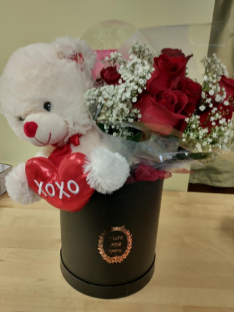 Tedddy,chocolates,and 12 roses in just for you hat box