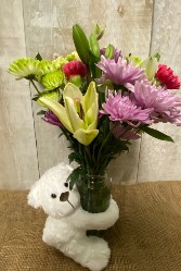 Teddy Bear hugging vase  Assorted Blooms