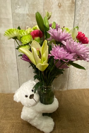 Teddy Bear hugging vase  Assorted Blooms