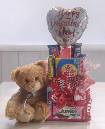 Teddy Bear, small balloon on a stick, and Candy Bouquet