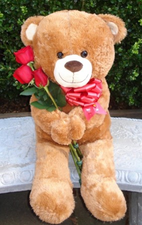 TEDDY BEAR WITH ROSES Large Teddy Bear holding Fresh Roses