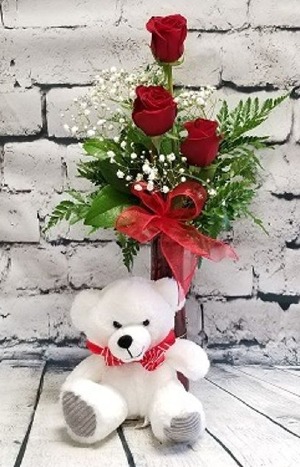 Teddy With Bud Vase Rose, 3ct 