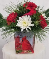 Teleflora Cardinal Postcard glass cube Arrangement 