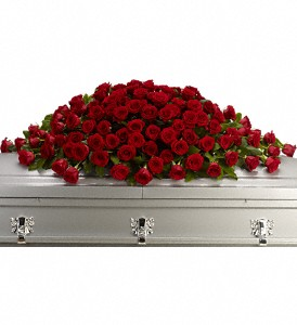 Teleflora Greatest Love Casket Spray 100 Red Roses with Greens in a Family Spray
