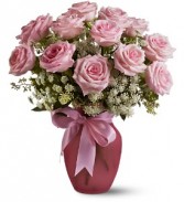 Teleflora's A Dozen Pink Roses And Lace Vased Arrangement