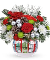 Teleflora's cityscape ornament Christmas Bouquet  Christmas Arrangement full of flowers, pinecones and bobbles