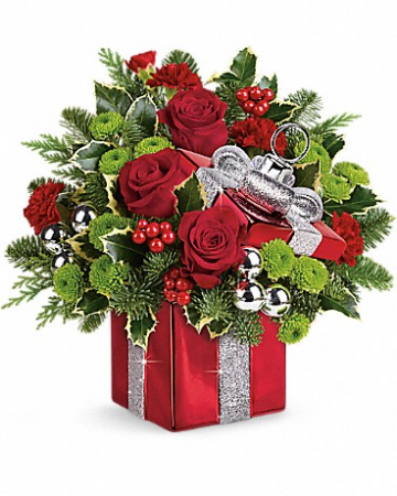 Teleflora's Gift Wrapped Bouquet Christmas arrangement