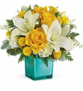 Teleflora's Golden Laughter cube arrangement fresh