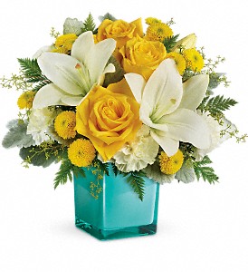Teleflora's Golden Laughter cube arrangement fresh