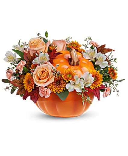 Teleflora's Hello Pumpkin Fresh Arrangement in a Teleflora Keepsake